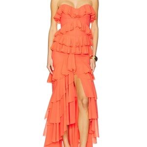 Michael Costello Strapless Coral Ruffle Dress - Worn once with minimal blemishes